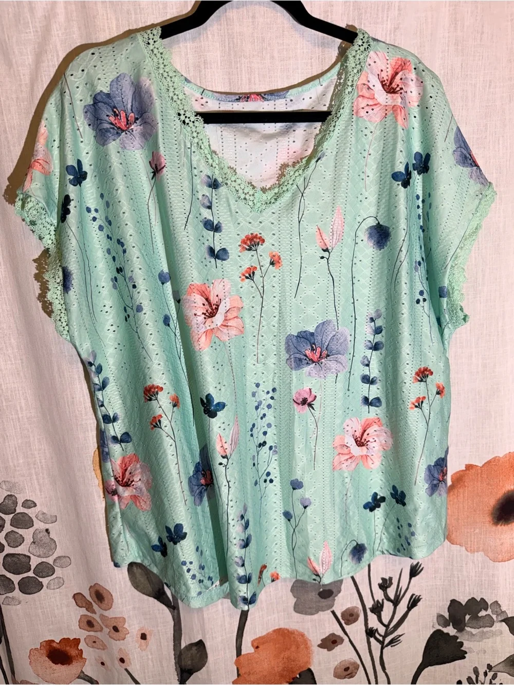 SHEIN Mint Floral V-Neck Crochet-Trim Top - Picture 3 of 14